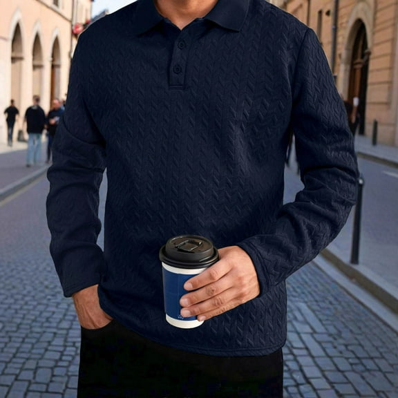 Fnnxeal Mens Polo Shirts Collared Long Sleeve Casual Fall Winter Button Navy Lightweight Polos Shirts for Men Size 2XL