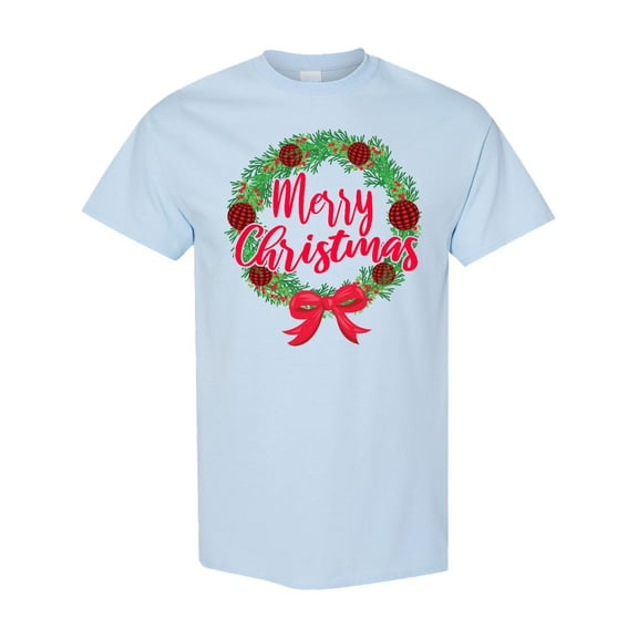 Inktastic Merry Christmas Wreath with Red Bow and Ornaments T-Shirt