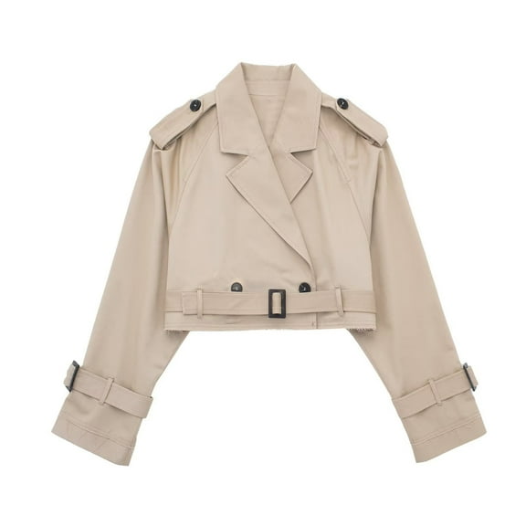 Wyongtao Women's Cropped Bomber Jacket Casual Long Sleeve Turndown Collar Belt Coat Jacket Khaki XS