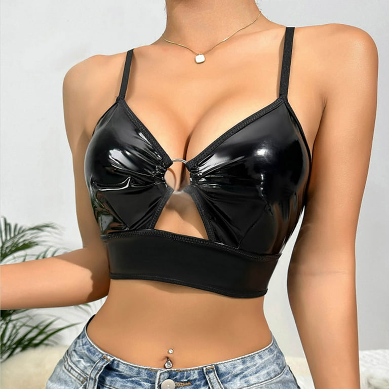 PMUYBHF Women's Pu Leather Lingerie Buckle Strappy Cut out Bra