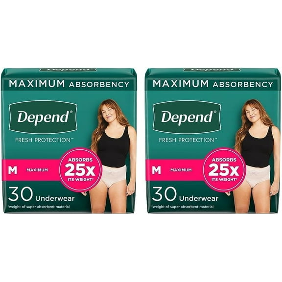 Depend Fresh Protection Adult Incontinence Underwear for Women (Formerly Depend Fit-Flex), Disposable, Maximum, Medium, Blush, 30 Count, Packaging May Vary (Pack of 2)