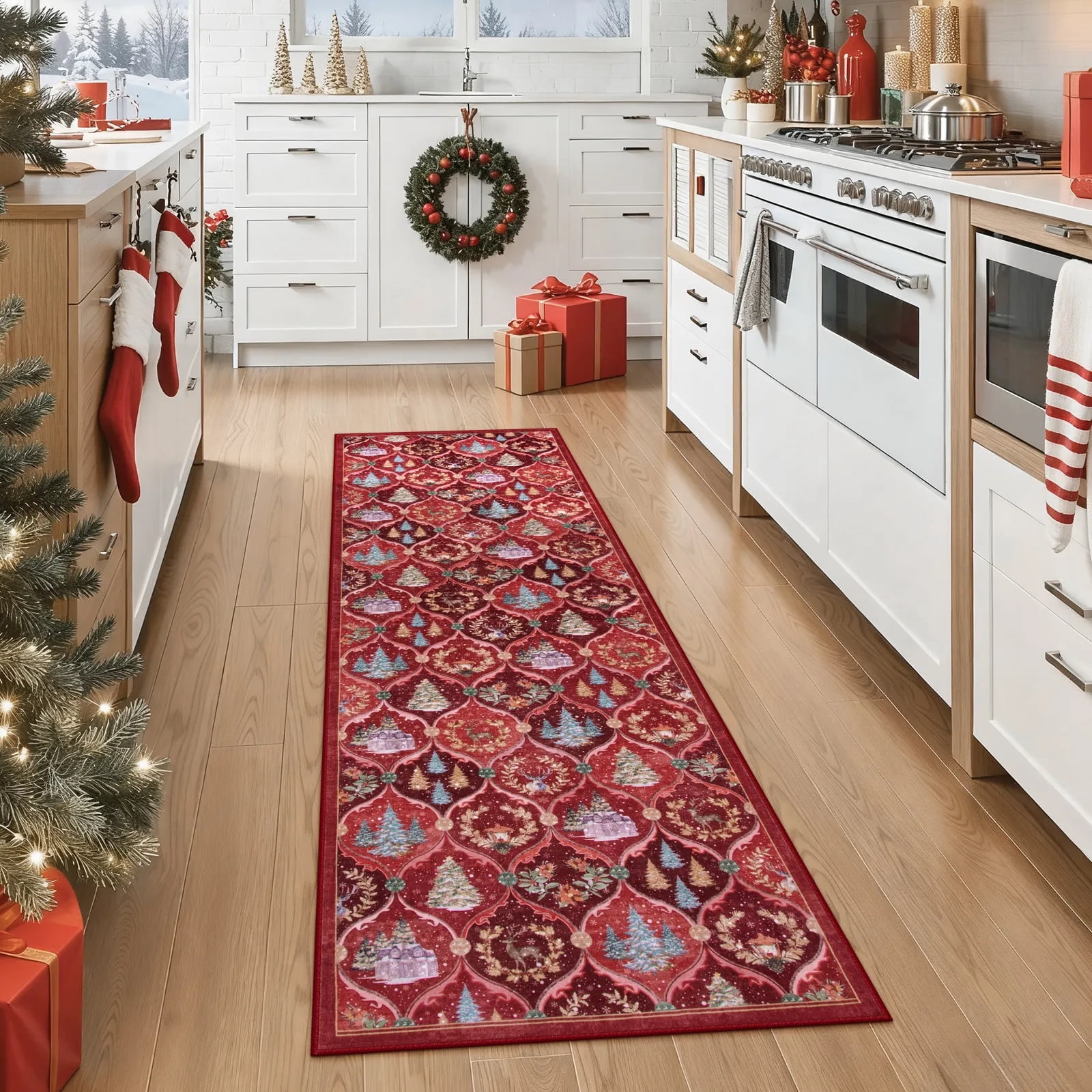 Moynesa Christmas 2'x6' Runner Rugs for Hallway, Washable Kitchen Rug Carpet Runner, Non-Slip Low Pile Soft Winter Moroccan Holiday Xmas Decor Modern Mat for Entrance Bedroom Laundry, Red
