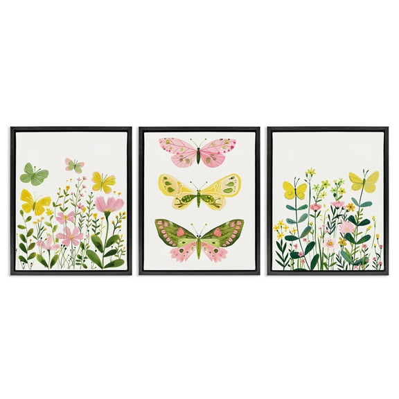 Stupell Industries Playful Butterflies and Florals Animals Painting Black Floater Framed Canvas Art Print Wall Art, 17 x 21, Set of 3