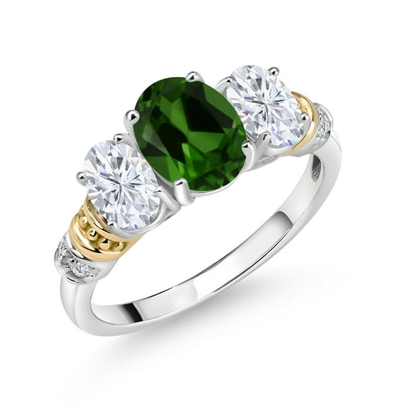 Gem Stone King 925 Sterling Silver and 10K Yellow Gold Oval Green Chrome Diopside White Moissanite and White Diamond 3 Stone Ring for Women (2.23 Cttw, Gemstone Birthstone, Size 6)
