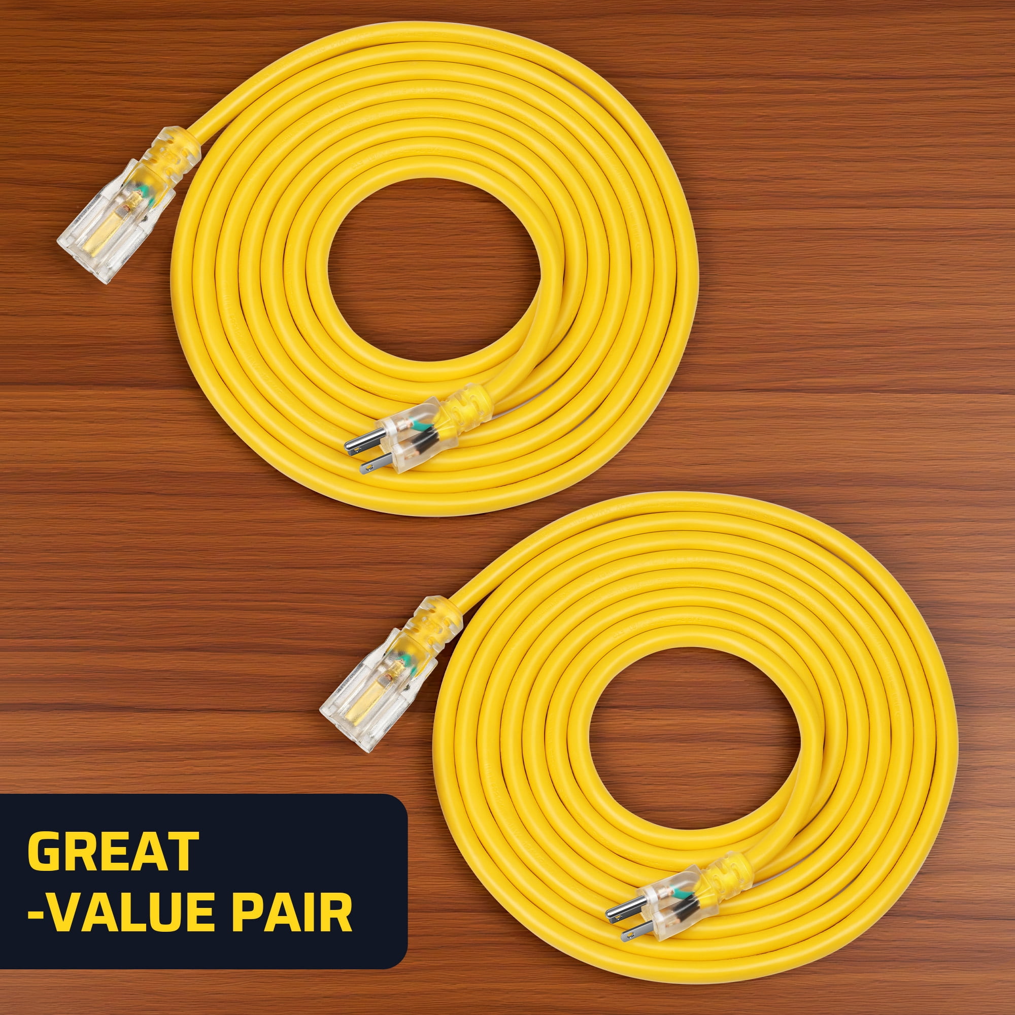 DEWENWILS 15FT Yellow Extension Cord for Outside Indoor 16/3 Gauge 16AWG 3 Prong Outlet with Light 2 Pack
