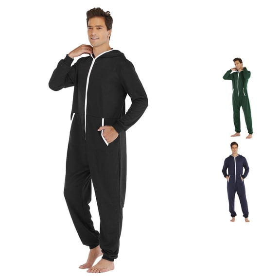 XIAOCHA Solid Onesie For Men Pocket Hooded Long Jumpsuit Nightwear