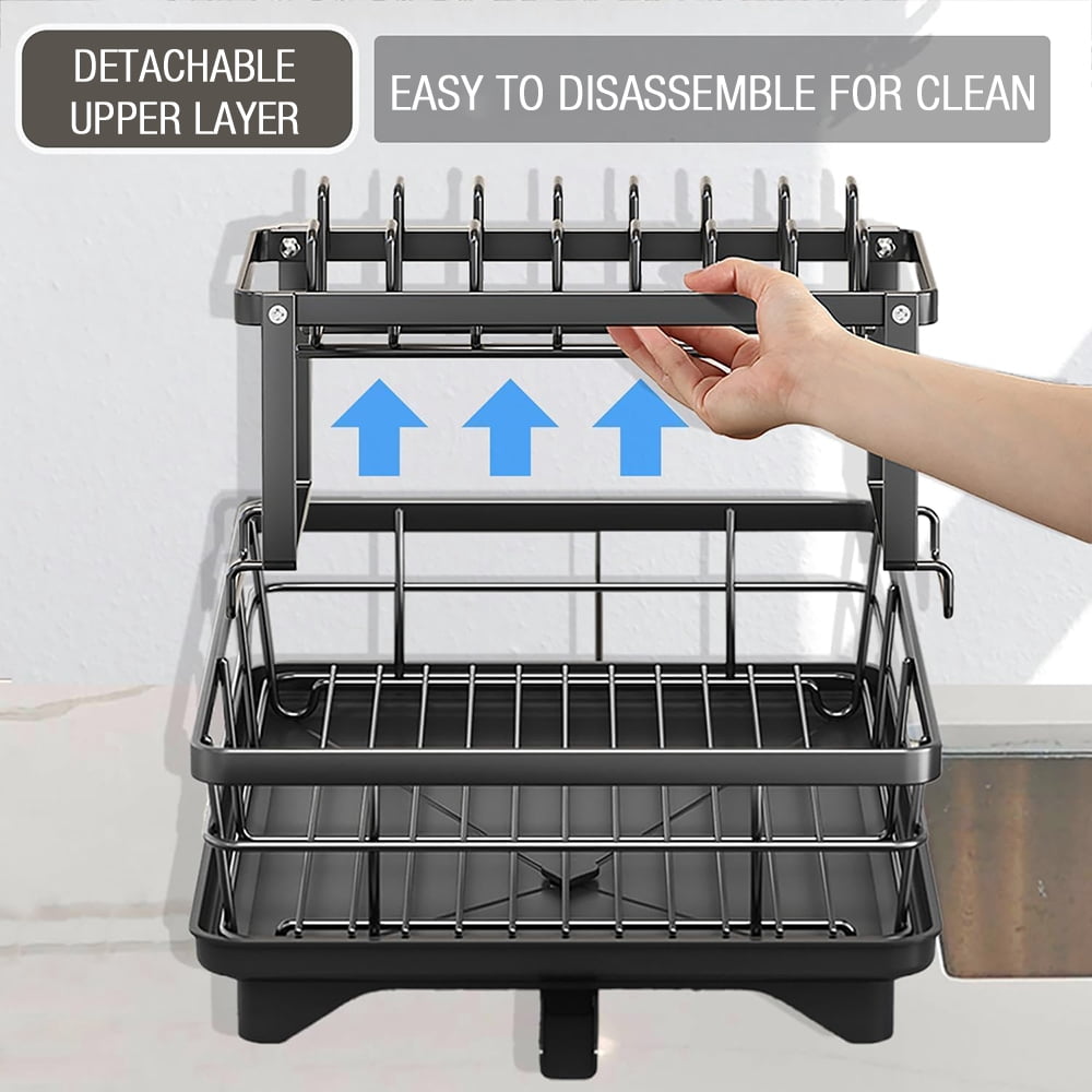 XMZHOU Dish Drying Racks for Kitchen Counter Carbon Steel Space-Saving 2 Tiers Bowl and Plate Storage Rack Kitchenware Countertop Organizer, Black