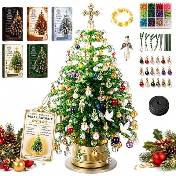 2027 Upgraded DIY Beaded Christmas Tree Kit, 3D Crystal Bead and Pearl Craft Set for Adults with Metal Frame, Angel Topper and Ornament Charms, Sparkling Tabletop Christmas Decor, Holiday Gift