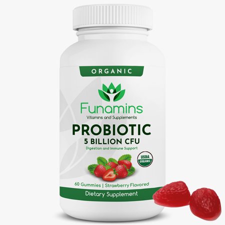 Funamins Organic Probiotic Gummies, 5 Billion CFU per Serving, 60 Count, Vegan, Supports Digestive Health and Immune Defense, for Women and Children, Strawberry Flavor