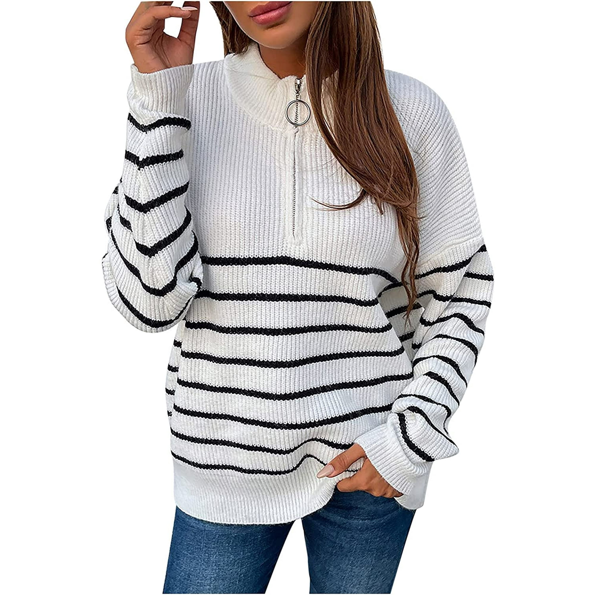Womens Sweaters Half Zip Up Mock Neck Fashion Jumper Tops Fall Sweatshirts Casual Striped Loose Comfy Knitted Pullover