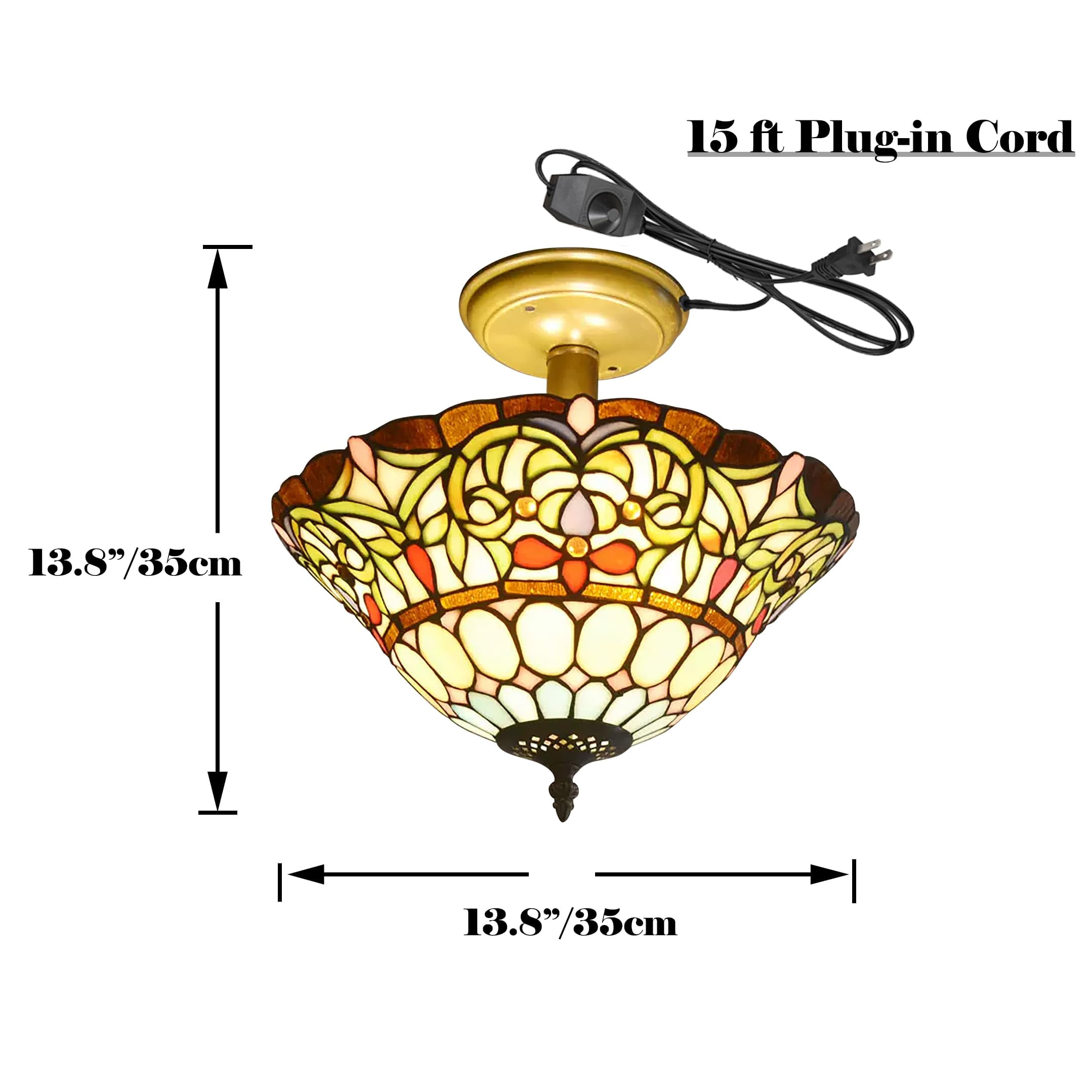 Kiven 13.8in Flush Mount Ceiling Light Fixture Dimmable, 3-Light Anti Glare Close to Ceiling Light with 15FT Plug-in Cord, Tiffany-Style Glass Chandelier for Bedroom Kitchen Hallway(No.3199)