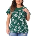 thumbnail image 1 of Blusa de mujer de talla grande Agnes Orinda con estampado floral, cuello redondo, encaje, mangas cortas acampanadas y abertura en la espalda 1X verde, 1 of 5