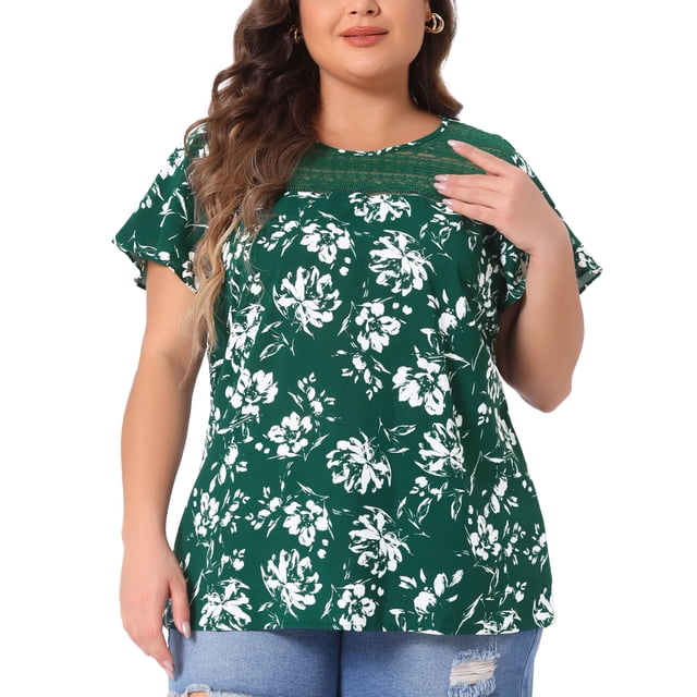 Blusa de mujer de talla grande Agnes Orinda con estampado floral, cuello redondo, encaje, mangas cortas acampanadas y abertura en la espalda 1X verde