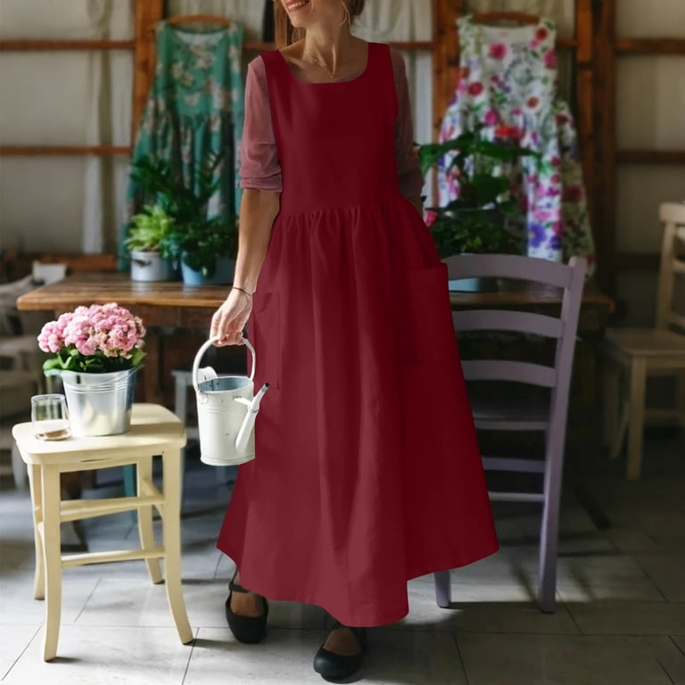 red pinafore dress womens Hinvhai Women Plus Size Solid Color Vintage Pleated Split Apron Pinafore Dress with Two Pockets Red, Women's, Size: Large