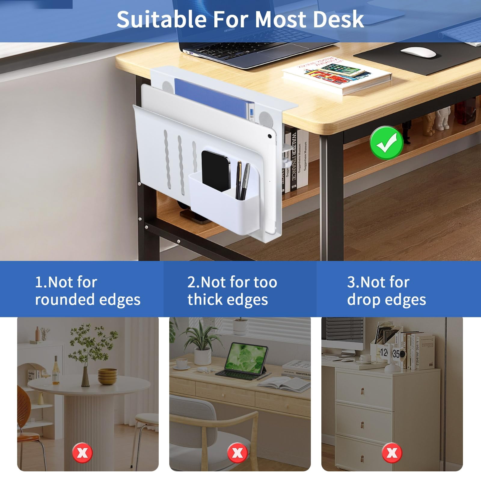Desk Side Storage  Steel Organizer No Drill Laptop Holder Clamp On Mount With Pen Table Hanging For Home Office Fits Flat Edge Tables 0.3" To 2.8"