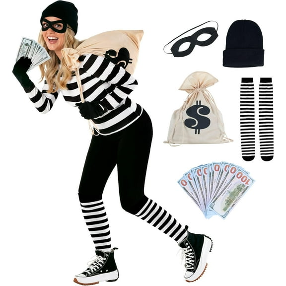 Morph Burglar Striped Womens Halloween Costume For Womens Black XX-Large