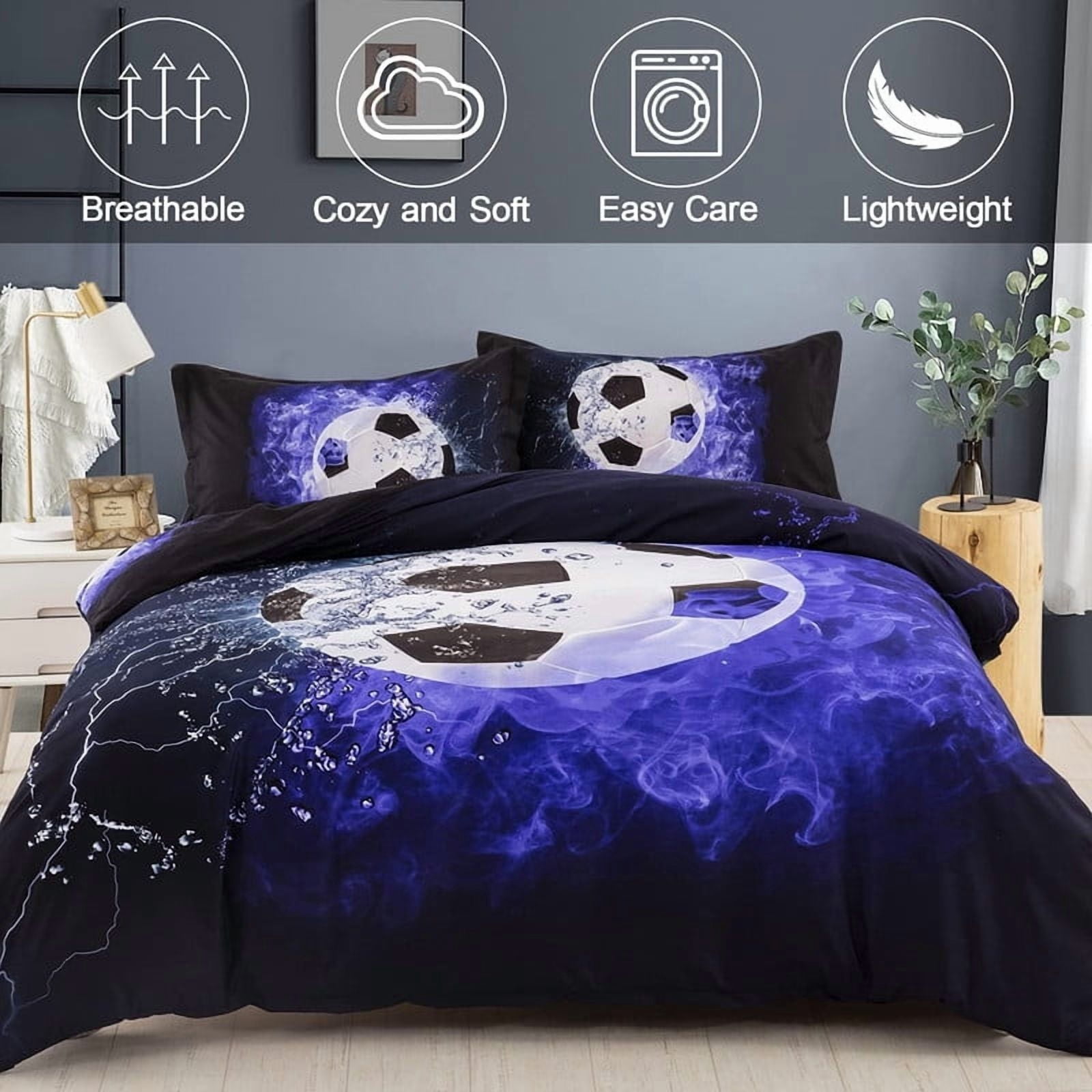 3D Soccer Duvet Cover Set Twin Size - Vibrant Blue Flame Football Design, Soft Microfiber Bedding for Kids & Teens, Includes 1 Duvet Cover + 2 Pillowcases (Full/Queen Also Available)