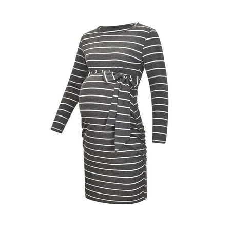 

Everyday Savings Pregnant Women Clothes Long Sleeve Crewneck Stripe Maternity Dress With Belt