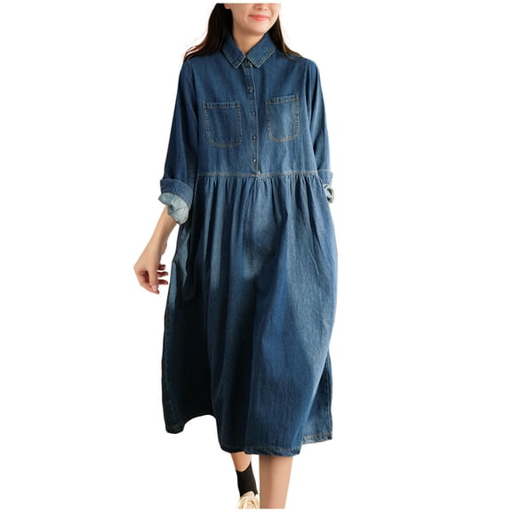 QUNYINEY A Line Casual Dresses for Women Denim Button Long Sleeve Long Dresses Loose Fit Collared with Pockets Pleated Shirt Dress