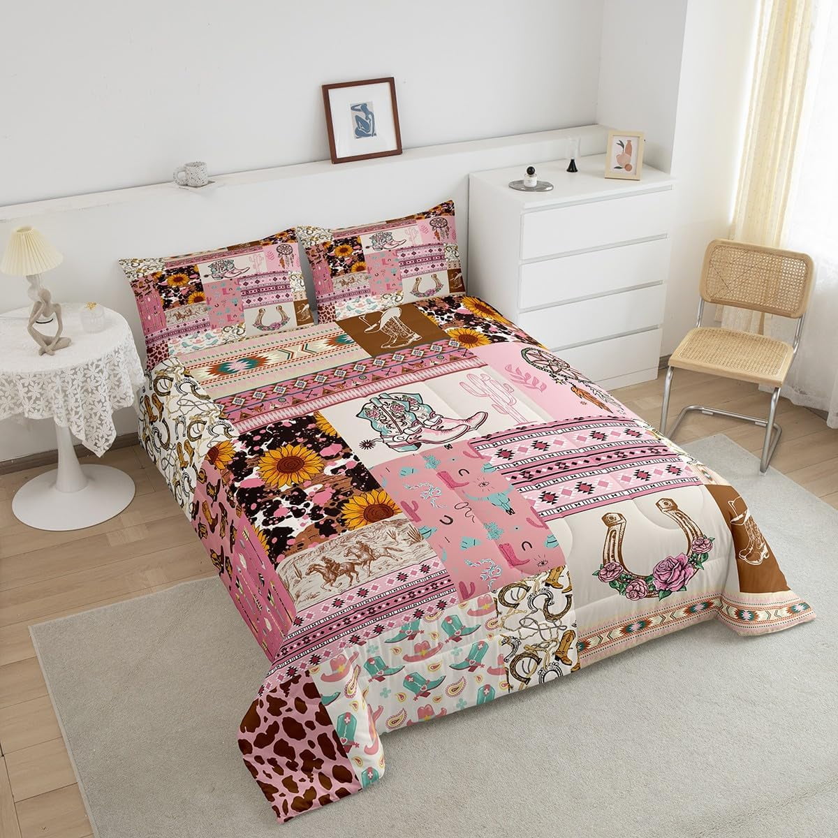 Erosebridal Western Cowgirl Comforter Set Southwestern Hat Printed Twin Size Bedding Women , Cactus Boho Paisley Print Bed Comforter Set Brown Lattice Duvet Insert Pink Room Decor