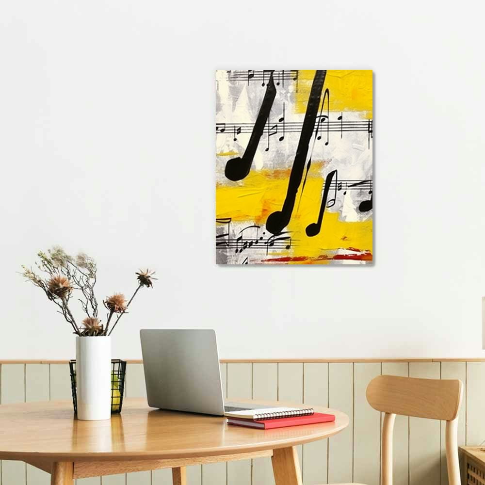 Nawypu  - Music Note Canvas Prints Musical Art Theme Picture Wall Decor Contemporary Abstract Yellow and Grey Painting Prints Music Classroom Decorations