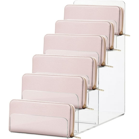DOITOOL 6-Tier Wallet Display Stand Acrylic Shelf Riser Purse Greeting Card Display Stand Clear Jewelry Riser Perfume Sunglasses Handbag Organizer Rack
