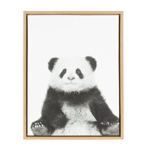 Kate and Laurel Sylvie Panda Animal Print Black and White Portrait Framed Canvas Wall Art by Simon Te Tai, 18x24 Natural