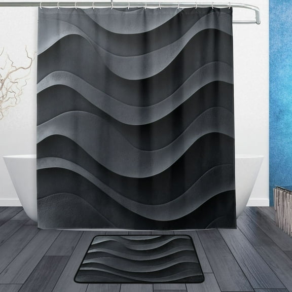 Bath Curtain & Non-Slip Bath Mat Set 12-Grommet Shower Curtain Memory Foam Bath Rug Dark Gray Wave Pattern