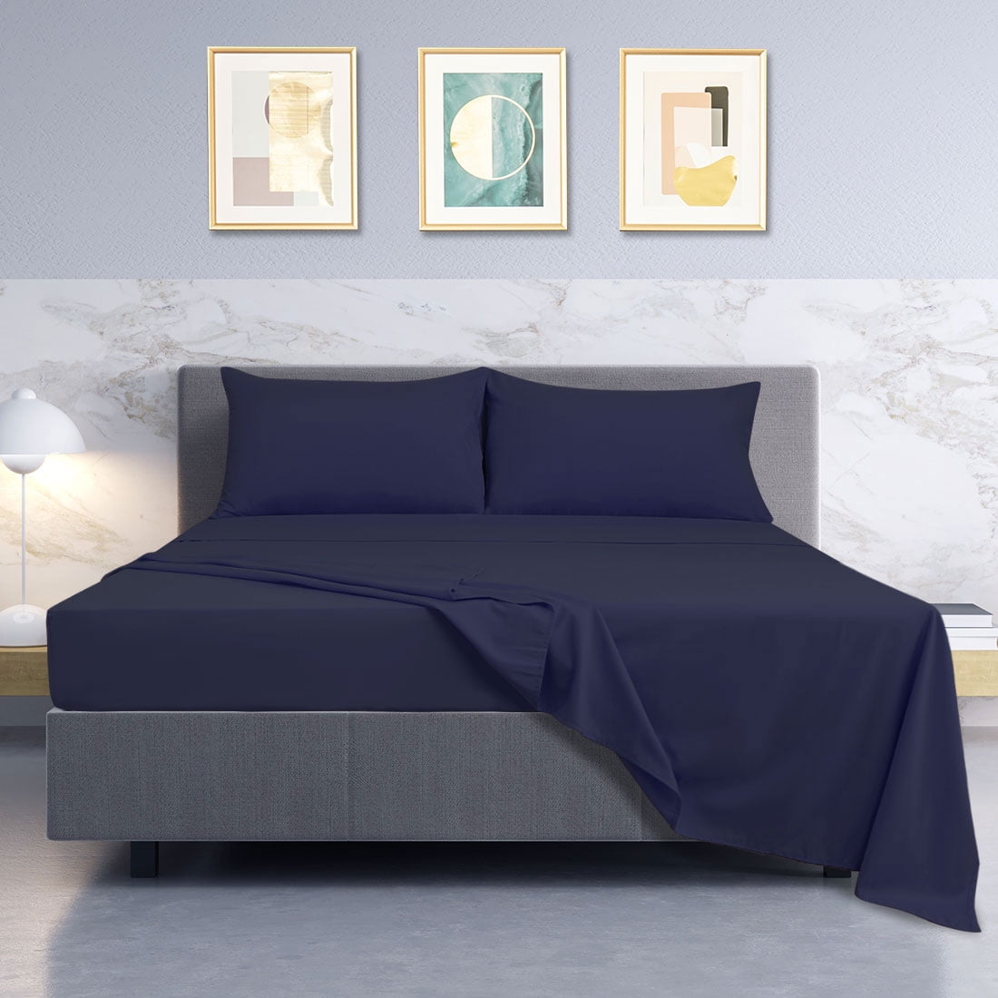Unique Bargains 4 Piece Brushed Polyester Bed Sheets Set King Navy Blue