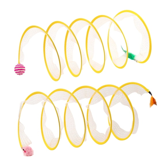 2 Pcs Yellow Spiral Cat Tunnel Toy Set, 7.9 x 7.9 x 19.7 in / 20 x 20 x 50 cm Interactive Cat Tunnel with Sisal Ball & Mouse, Polyester Collapsible Cat Tunnel for Feline Fun