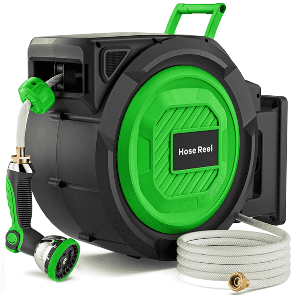 GINOST 100-150 ft Retractable Garden Hose Reel with 10-Pattern Spray Nozzle, Wall-Mounted Auto-Rewind System, Lock-at-Any-Length, Heavy-Duty 3-Layer PVC Hose (1/2-in)