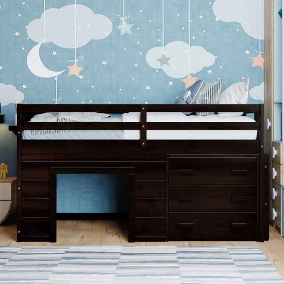 Cfowner Wooden Loft Bed with Cabinet and Shelf, Twin Size, Espresso