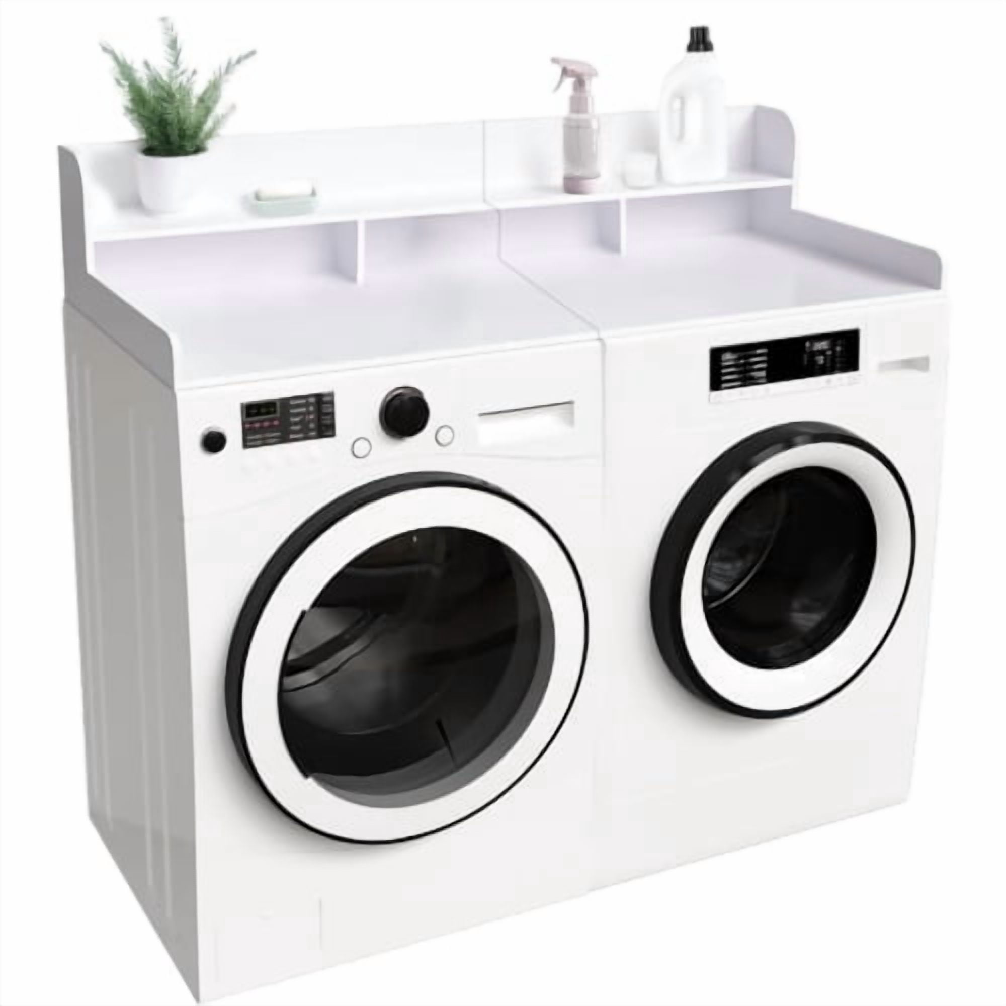 Washer Dryer Countertop with Non-Slip Pads – 54" x 27.5" Laundry Wood Shelf Topper with Raised Edge, Double Layer Organizer for Washer and Dryer, Laundry Hamper Counter Storage, White