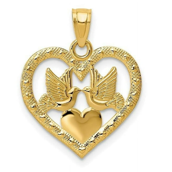 14k Yellow Gold Polished Two Doves In Love Heart Pendant Necklace 21x17mm Wide Pendant for Women