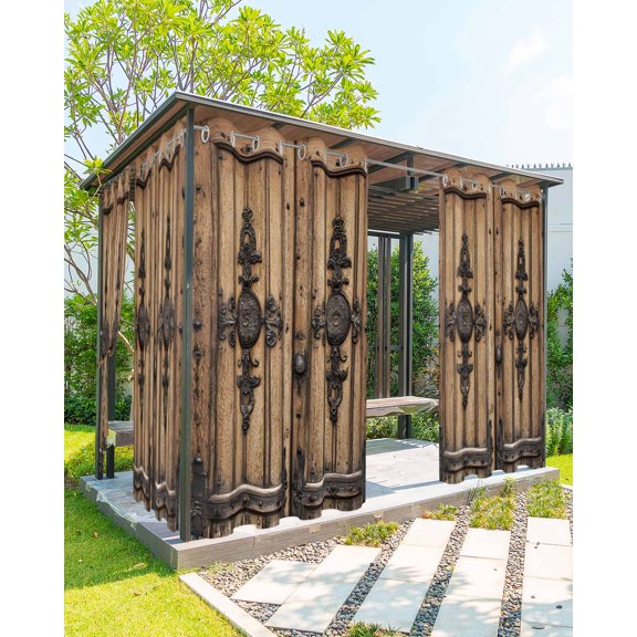 nqOlkjepod Outdoor Curtains for Patio Waterproof, Farmhouse Brown Outdoor Privacy Panels Grommet, Rustic Wooden Historical Barn Door Plank Blackout Outside Curtains for Porch 54"x84", 2 Panels