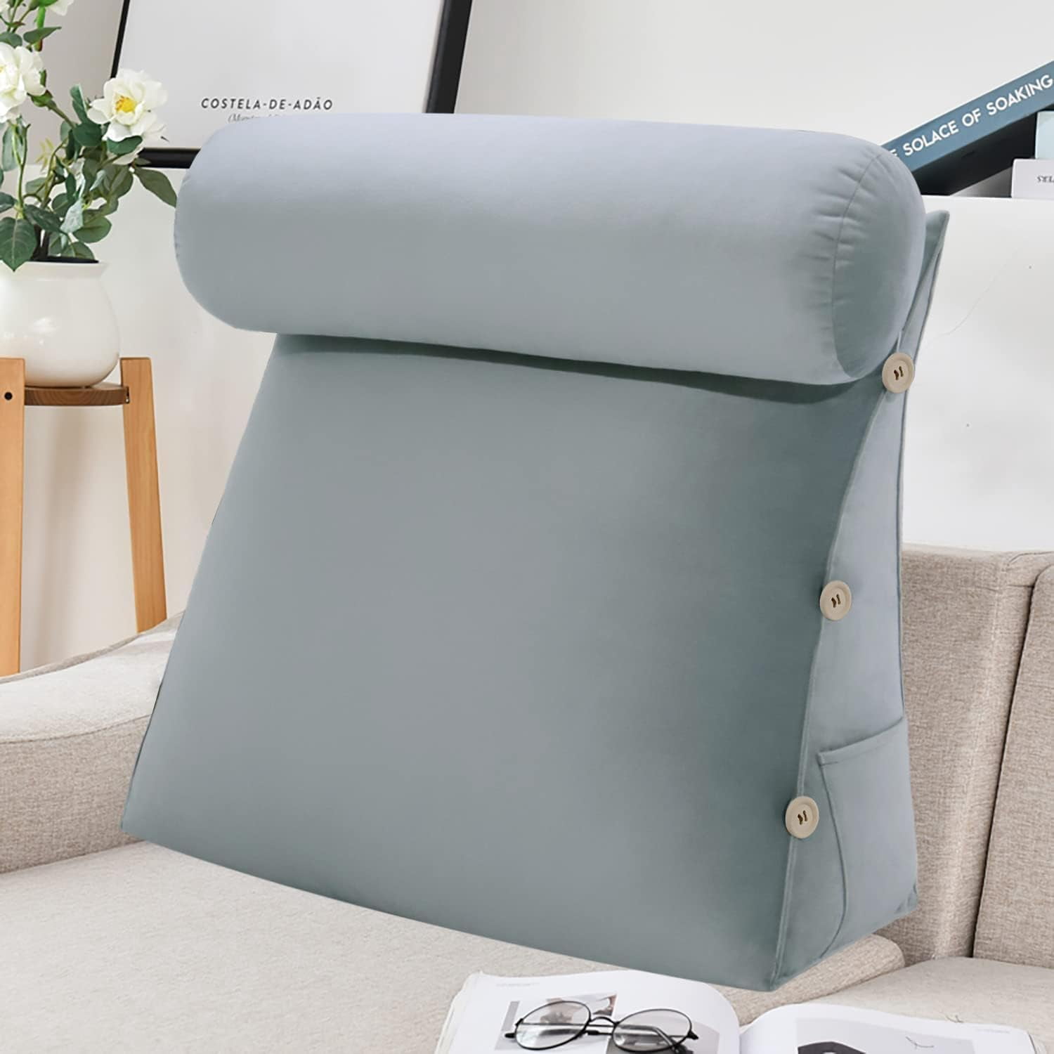 Reading Pillow for Adults Velvet Back Pillow for Bed Sitting Up Wedge Pillow with Removable Washable Cover for Reading, Watching TV and Relaxing, Grey