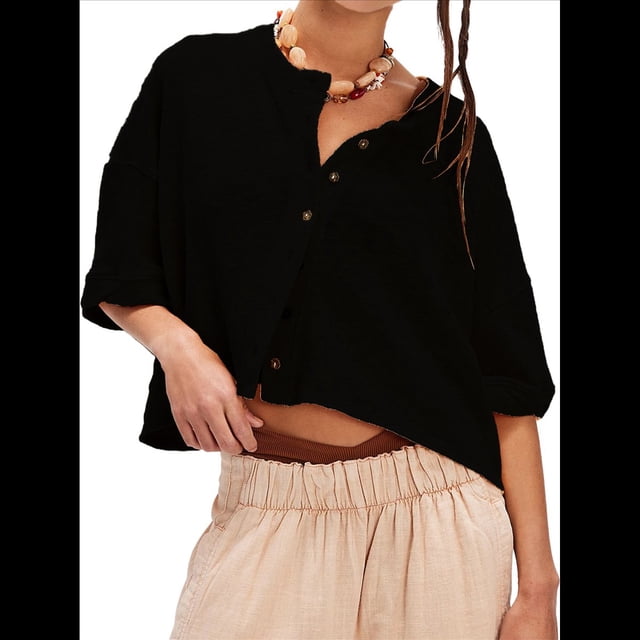 Suéter Corto con Botones Y2K para Mujer, Cárdigan de Color Liso con Cuello Redondo y Mangas , Top de Punto, Ropa de Calle. Negro L