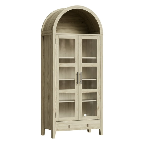 Modern Farmhouse Tall Kitchen Pantry Cabinet with LED Lights - Glass Door, Adjustable Shelves, Hidden Drawer - Versatile Dining Room or Living Room Storage - 71" Arched Design - Wood Color