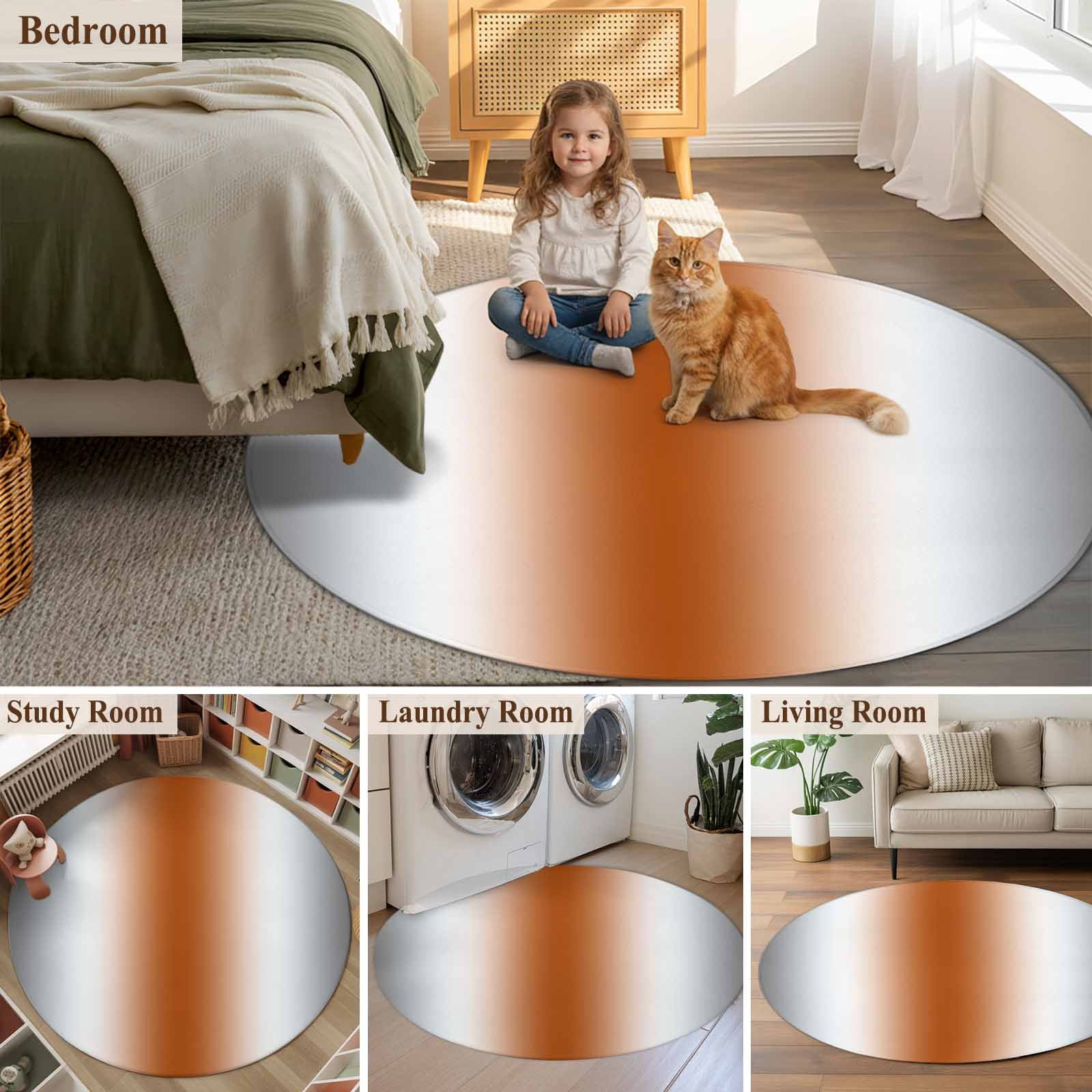 Round Area Rug 5ft, Gray Orange Non-slip Area Rugs for Living Room/Bedroom/Bathroom/Kitchen, Modern Gradient Geometric Washable Throw Floor Mat Indoor Outdoor Entrance Doormat
