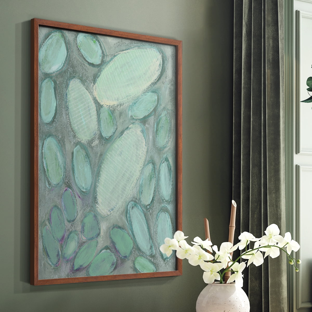 Blue Orbs II Framed Print in Brown Solid Wood Framed Print No Nail Hanging