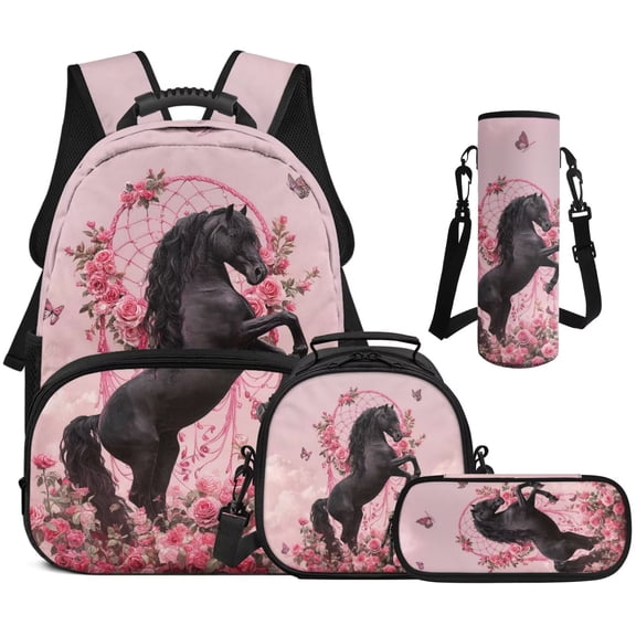 KUIFORTI Black Horse Bookbag and Lunch Box Kid Backpack Set of 4 Girls School Bag Pencil Case Water Bottle Sleeve for Elementary Primary Middle School