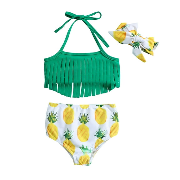 Toddler Swimsuit Girl Bowknot Pineapple Prints Tassel Three Piece Bikini Bathing Suit Swimwear Size 18-24 Months