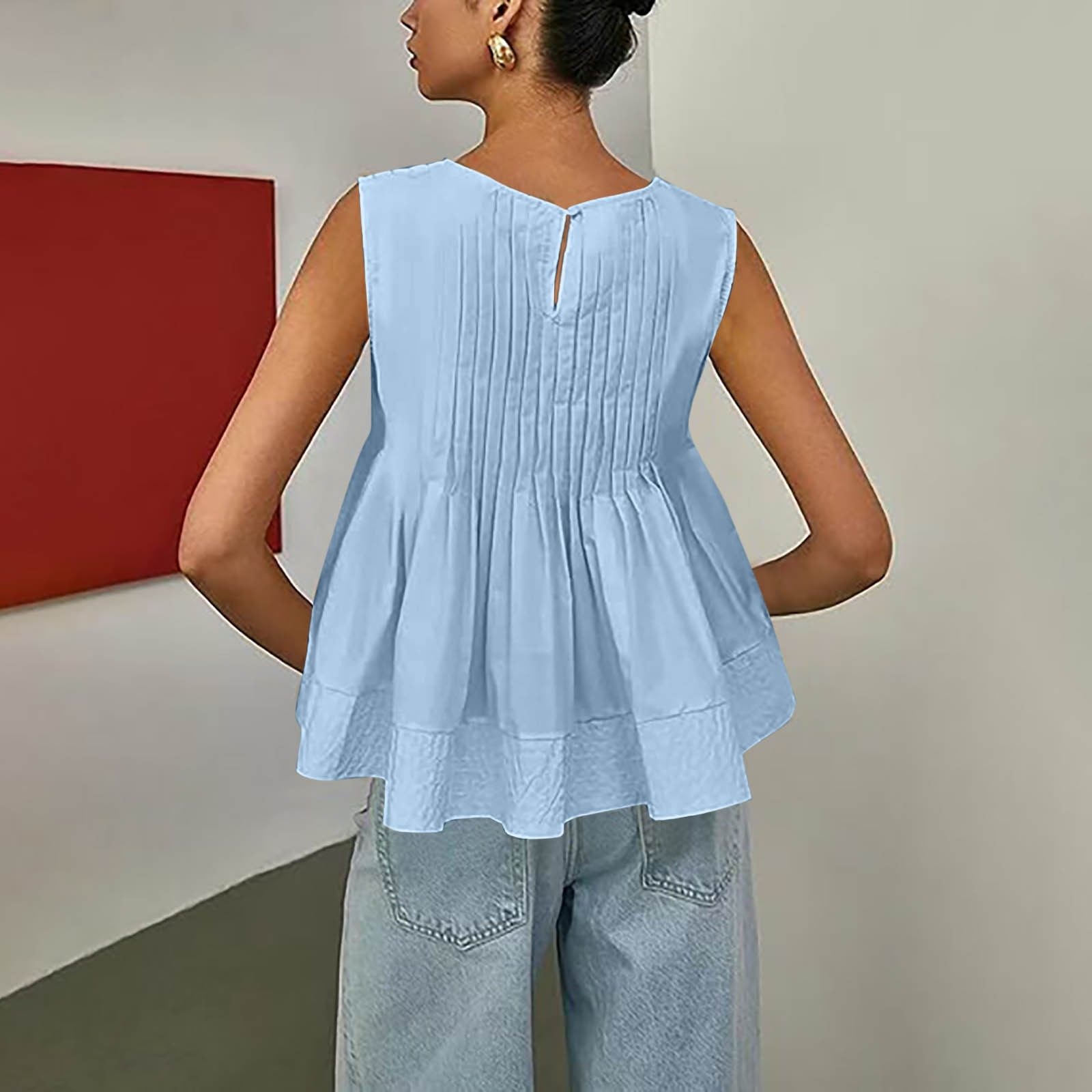 Womens Summer Pleated Peplum Sleeveless Solid Blouse Tank Tops Round Neck Y2K Babydoll Blouse Cotton Shirt