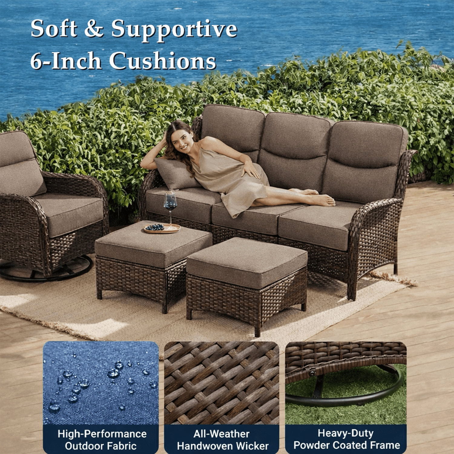 Bellefurn 6 Pieces Luxury Outdoor Patio Furniture Sets Outdoor Conversation Sets with Swivel Rocker Patio Chairs with 6" Thick Cushion,Sofa and Glass Coffee Table for Porch Deck Backyard Poolside