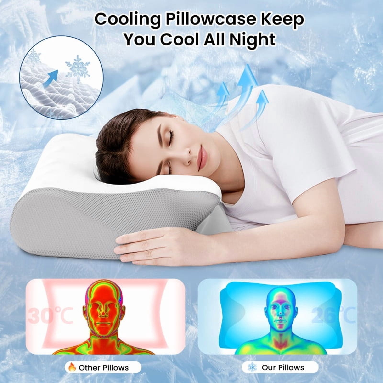 JUSTLET Cervical Neck Memory Foam Pillow for Neck and Shoulder Pain Relief, Orthopedic Contour Support Pillow with Cooling Pillowcase for Side, Back, Stomach Sleepers, White+Grey