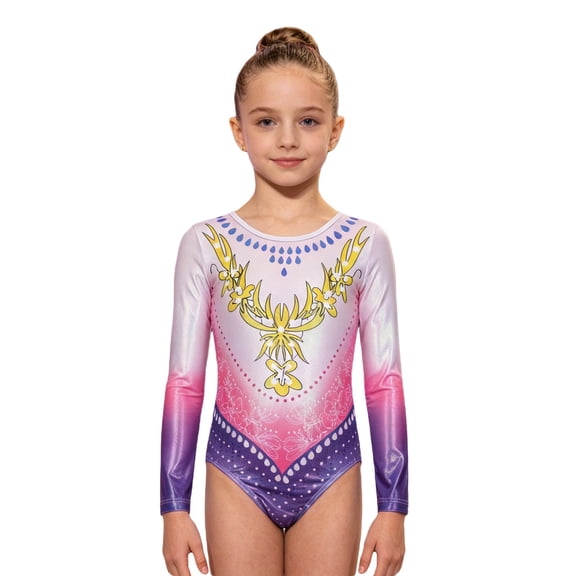 WhouRiu Girls Athletic Long Sleeve Jumpsuit Cartoon Graphic Crew Neck Leotard Kids Gymnastics Ballet Dance Performance Onesies,7-8 Years