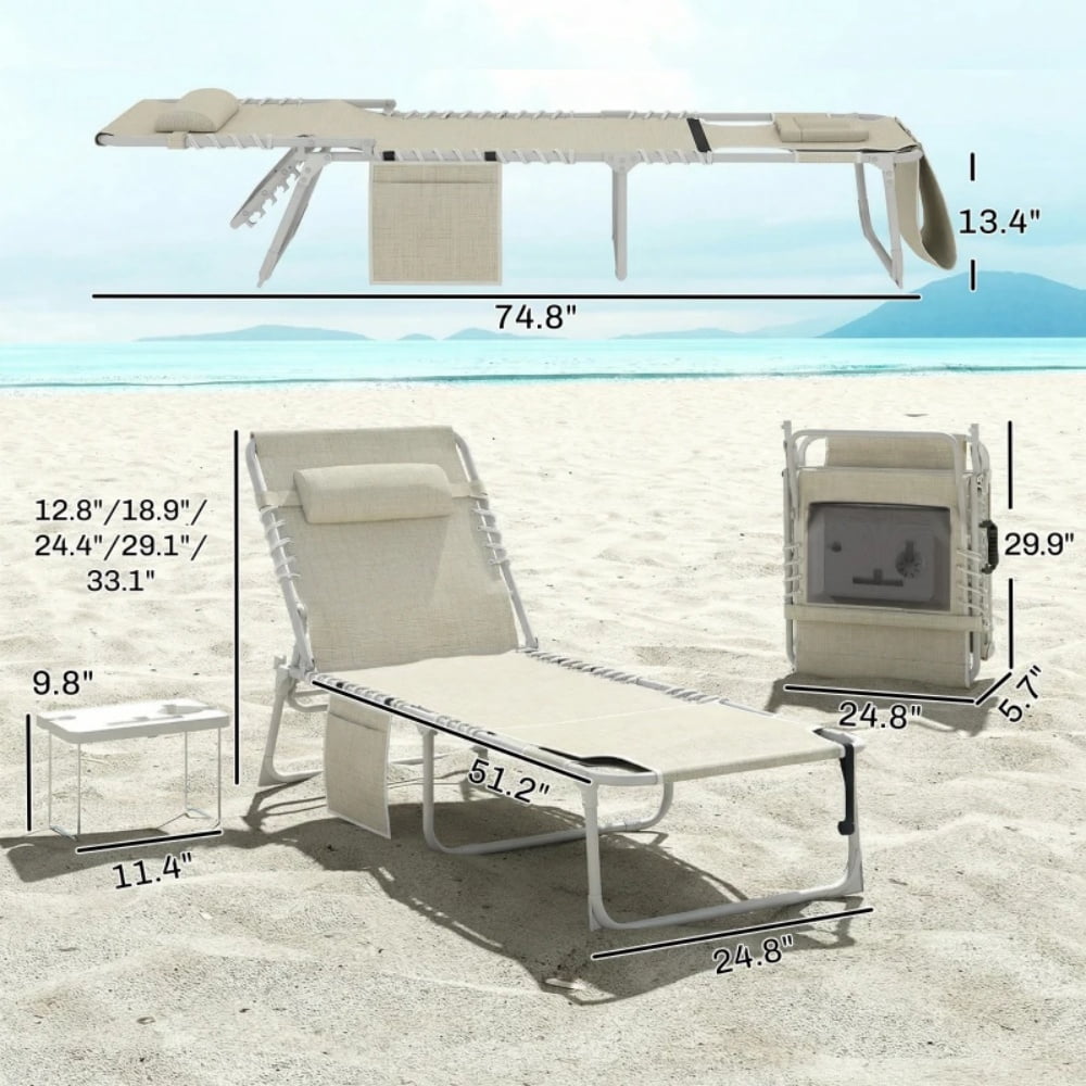 4-Piece Outdoor Lounge Set 2 Folding Loungers & 2 Side Tables 5-Position Adjustable Backrest Face & Arm Holes Breathable Mesh Pool Beach Chairs with Carry Strap