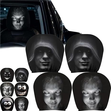 Ghost Face Headrest Covers for Cars, 4 Pcs Scary & Funny Cartoon Car Headrest Covers, Spooky Creepy Halloween Auto Head Rest Protector with Ghost Face Mask Design, for Vehicle Truck SUV