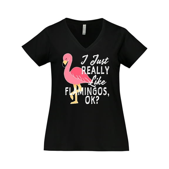 Inktastic I Just Really Like Flamingos Ok with Pink Flamingo Women's Plus Size V-Neck T-Shirt