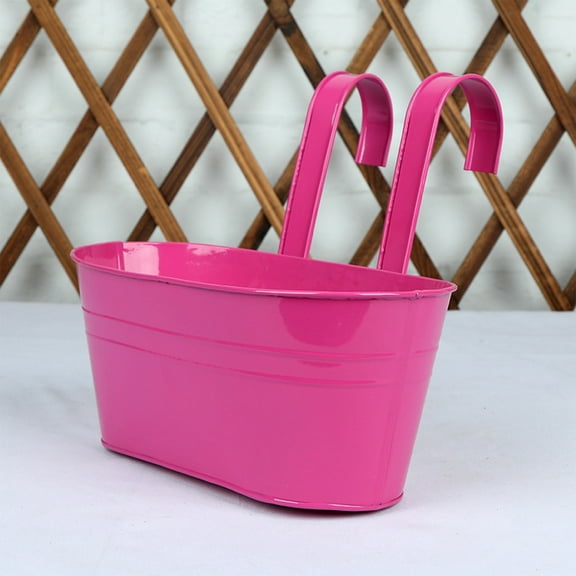 10.8Inch/27cm Metal Hanging Oval Planter Bucket with Detachable Hooks, Iron Railing Flower Pot for Balcony, Fence and Garden Decor